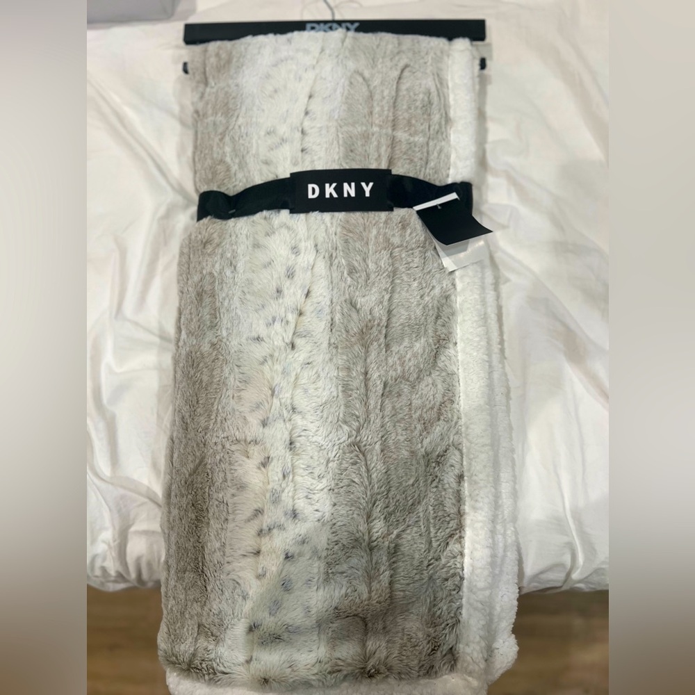 DKNY Faux Fur Throw Blanket - Gray and White